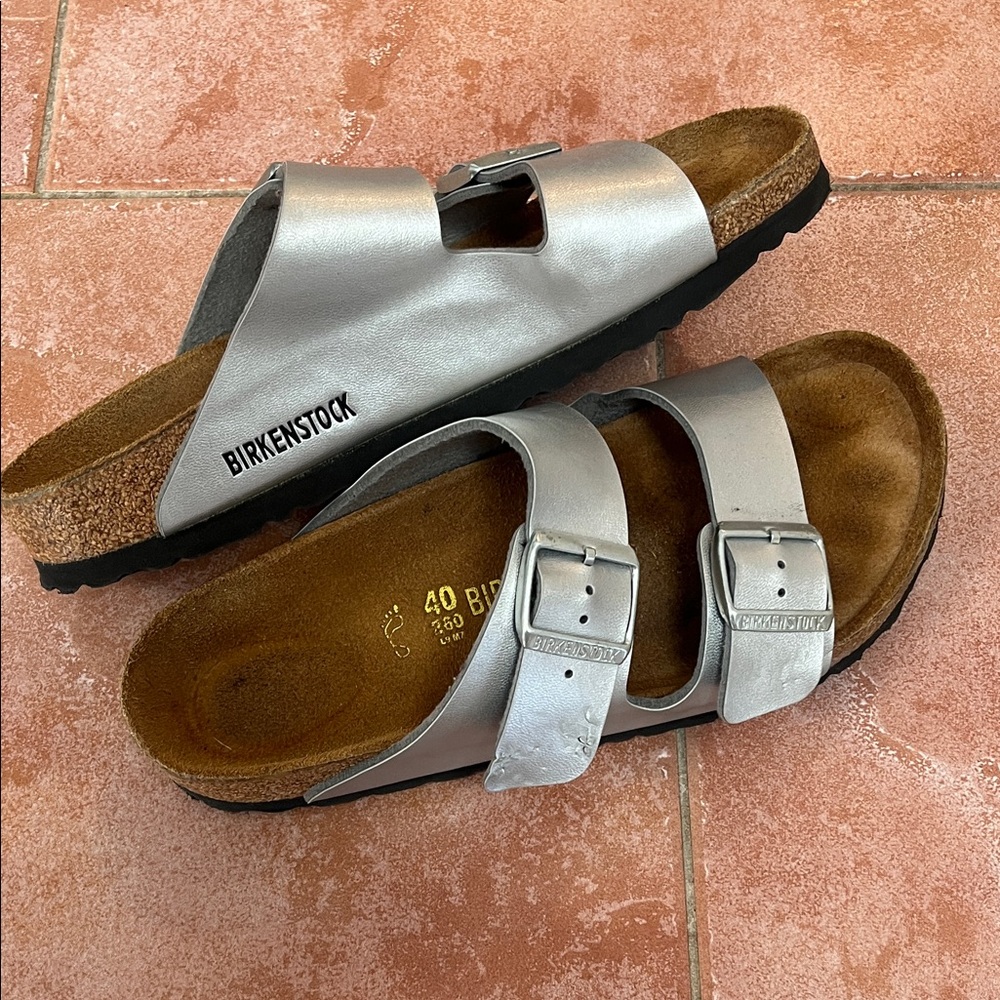 Birkenstock Silver Two-Strap Arizona Sandals